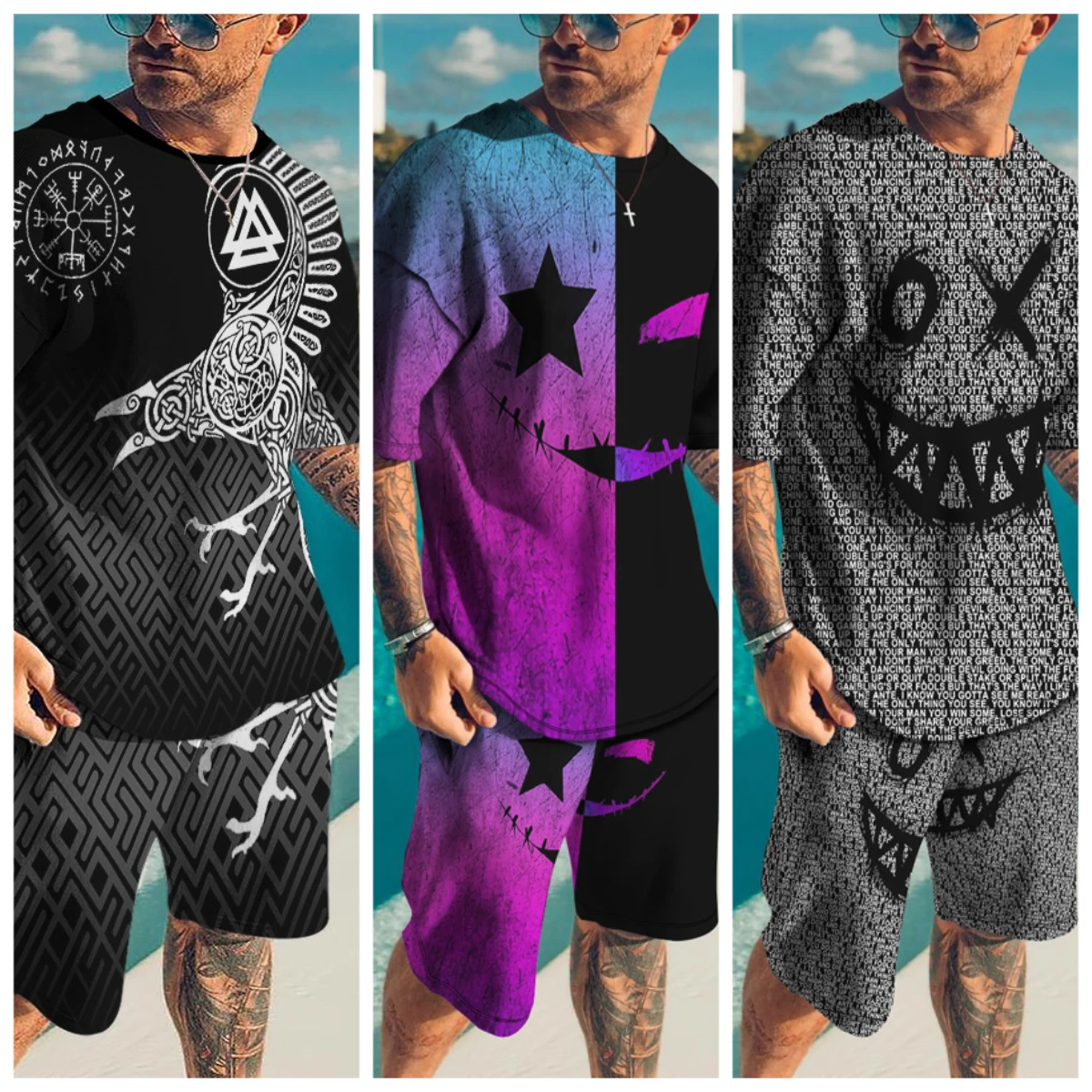 

Летний мужской хит продаж, модный повседневный мужской костюм с 3D принтом, дышащий, быстросохнущий, удобный мужской комплект футболок с круглым вырезом