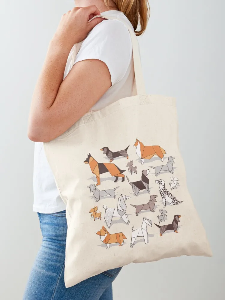 

Origami doggie friends // grey linen texture background Tote Bag eco pack woman shopping bag ecological bags