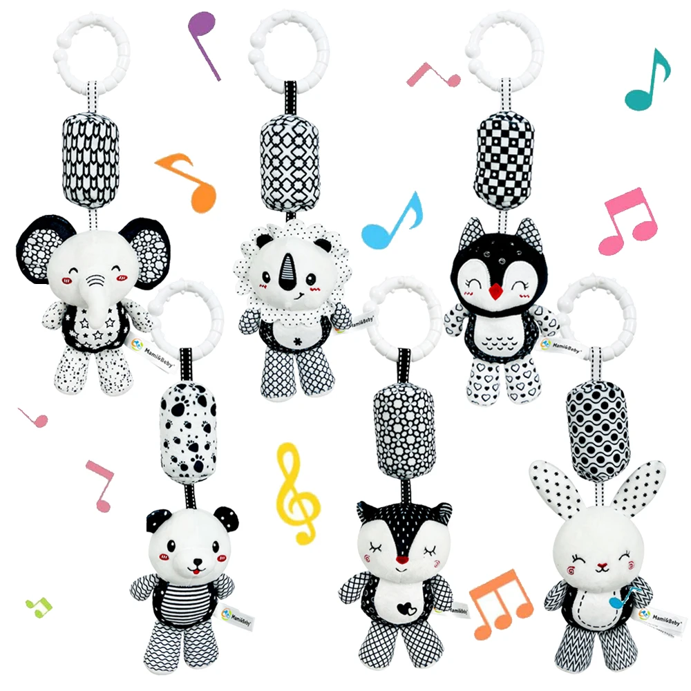 Wandelwagen Bed Wieg Hangende Bel Pluche Pop Baby Baby Rammelaars Pasgeboren Zwart Wit Visuele Grijpvermogen Training Speelgoed voor Bebe Gift