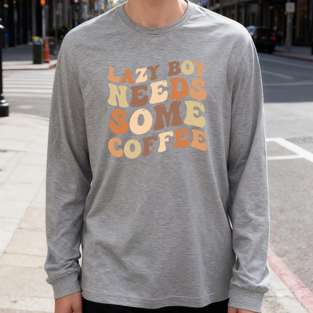 Lazy Boy Needs Some Coffee Herren-Langarm-T-Shirt, 180 g, 100 % Baumwolle, bedruckt, Rundhalsausschnitt, lässig, Alltagskleidung, weich und atmungsaktiv