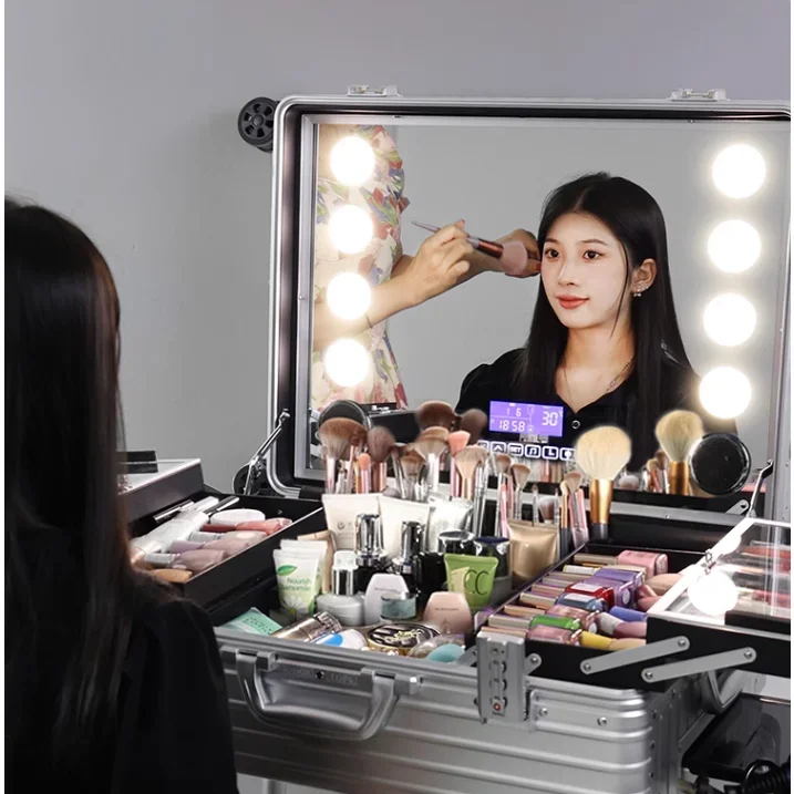 صندوق مكياج احترافي بسعة كبيرة مقاس 24 بوصة، مناسب لتخزين وحمل ونقل صندوق المكياج