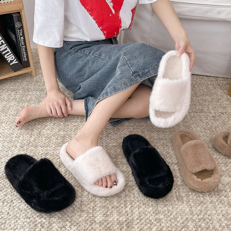 Home Slippers Women\'s Platform Shoes Female Lady Fur Flip Flops Slides 2024 Soft Plush Cotton Indoor Winter Flats