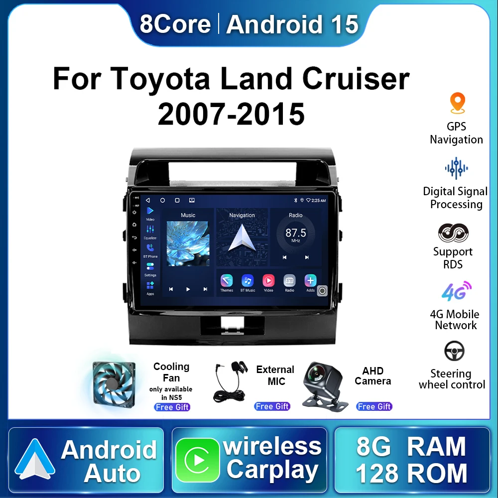 

8 + 128G Android15 авторадио для Toyota Land Cruiser LC200 2007-2015 автомобильный мультимедийный стереоплеер Carplay навигация GPS DVR DSP