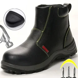 Botas de trabajo de cuero para hombre, zapatos de seguridad con punta de acero, felpa cálida, antigolpes, ANTIPERFORACIONES, botines de invierno