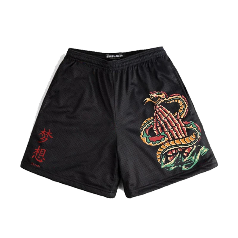 Anime Shorts Men Japanese Style Gym Shorts Summer Y2k Beach Casual Fashion Running Short Pants Quick Dry Workout Mesh Sweatpants