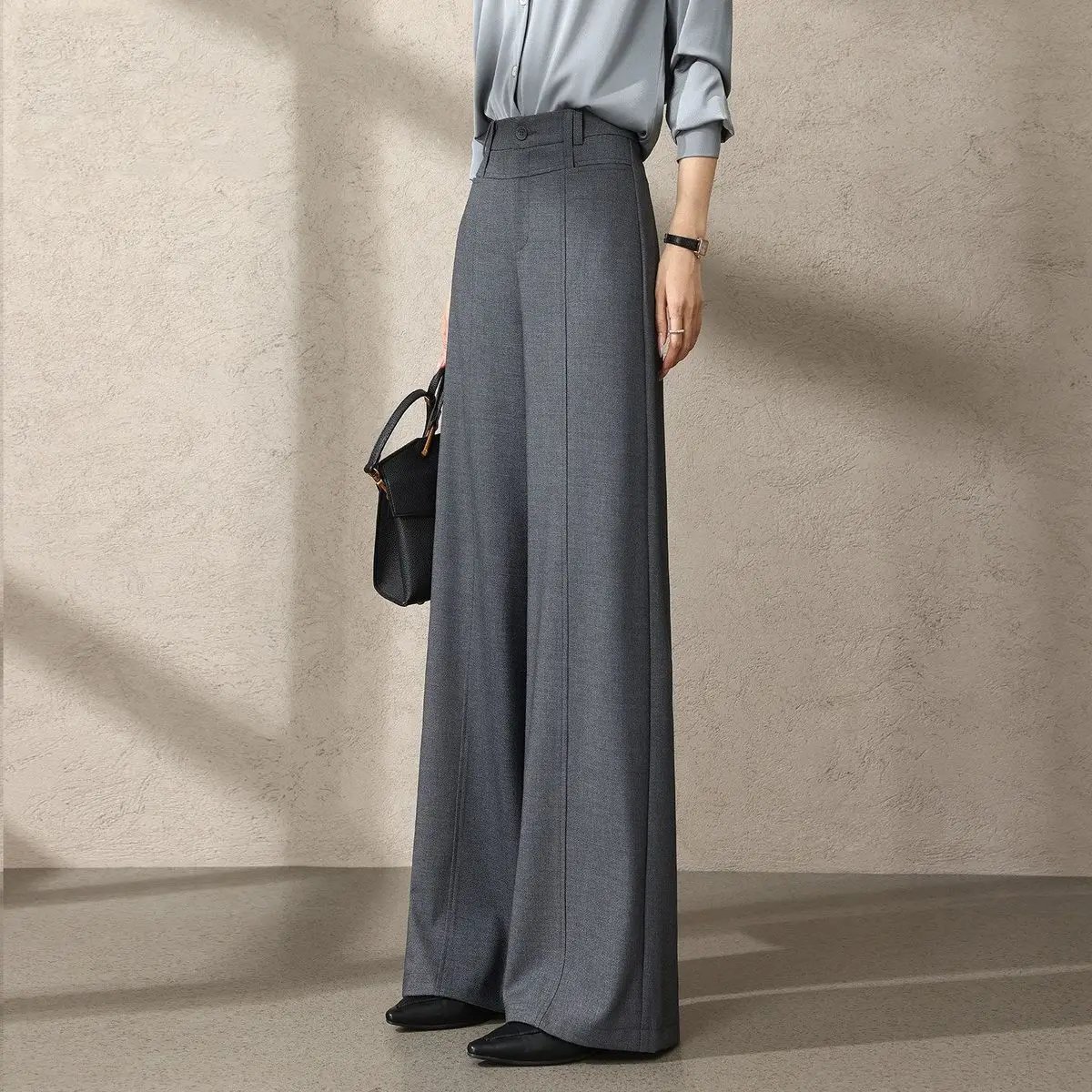 

High-end Suit Grey Black Pants Women's Korean Loose High Waist Wide-leg Pants Spring Summer Solid Breathable Straight Trousers