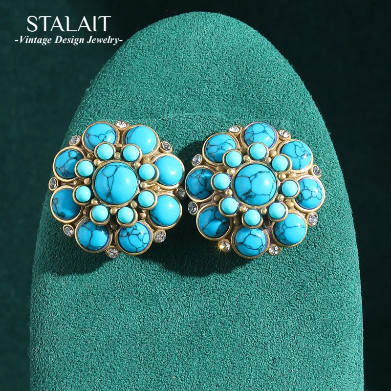 

Vintage Turquoise Blue Earrings Stud Natural Stone Antique Gold Color Accessories For Woman Jewelry Flower Luxury Designer Girls