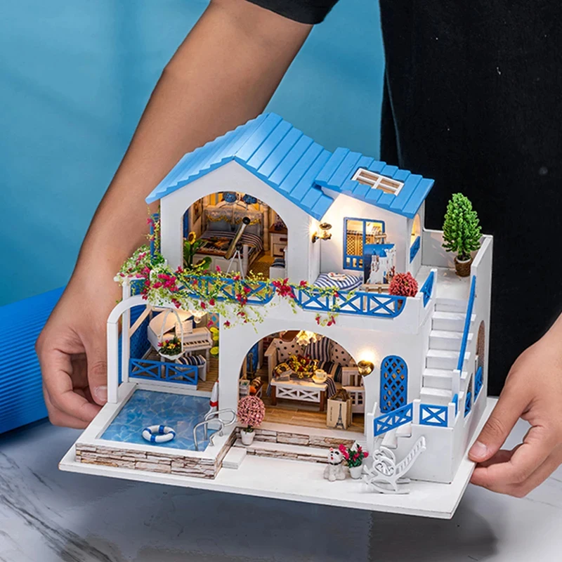 

OUZEY Blue ＆ White Town Wooden Dollhouse Miniature Building Kits with Furniture LED for Adults DIY Craft House Kit Birthday Gift