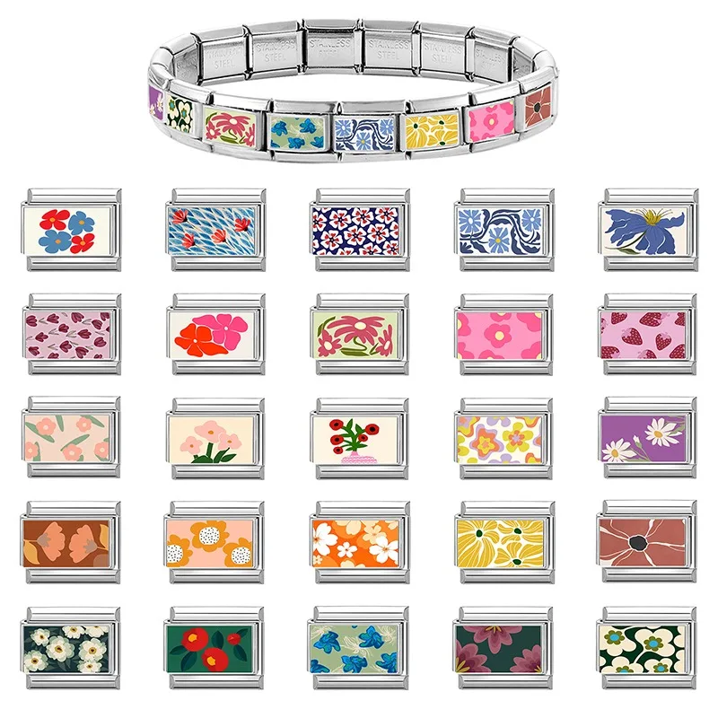 Fashion Colored Color Charms Flowers Lycoris Radiata Italian Link Fit 9mm Stainless Steel Bracelet Jewelry Making DIY Gift