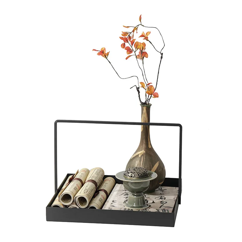 

New Chinese square wrought iron tray, book roll, ceramic vase combination ornament