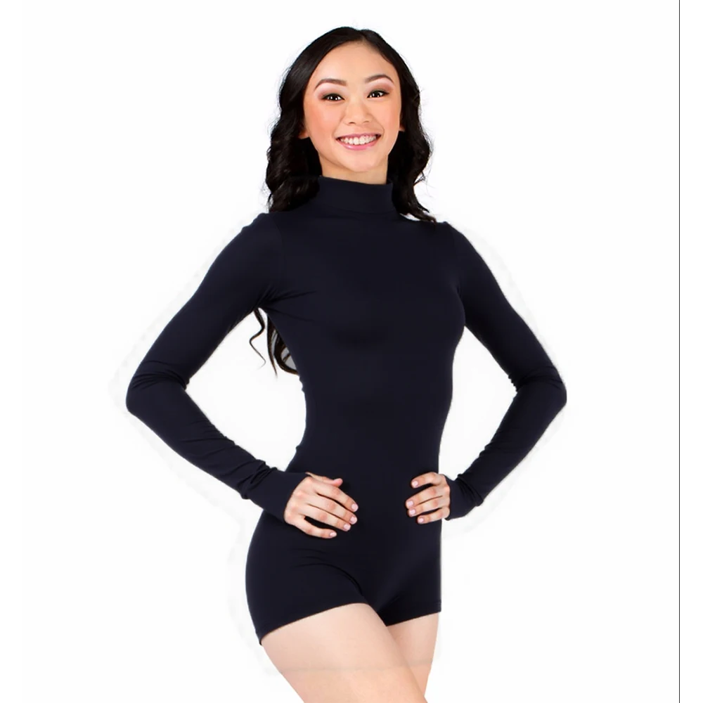 LZCMsoft Damen Mock Neck Langarm Gymnastik Ballett Tanz Biketards Schwarz Kurze Trikots Bodysuit Dancewear
