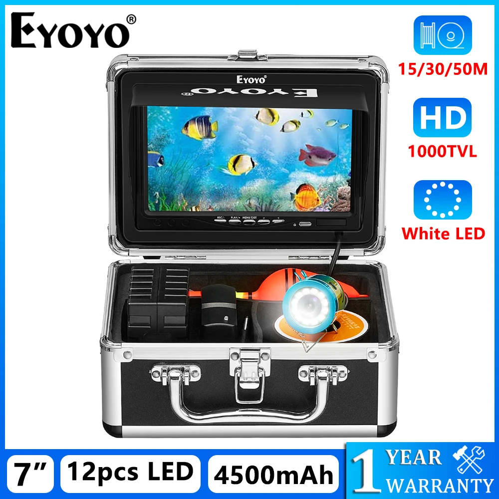 

Eyoyo Underwater Fishing Camera 1000TVL Video Fish Finder For Winter Sea/River/Ice Fishing 50M Cable 7" Monitor 12 White Lights