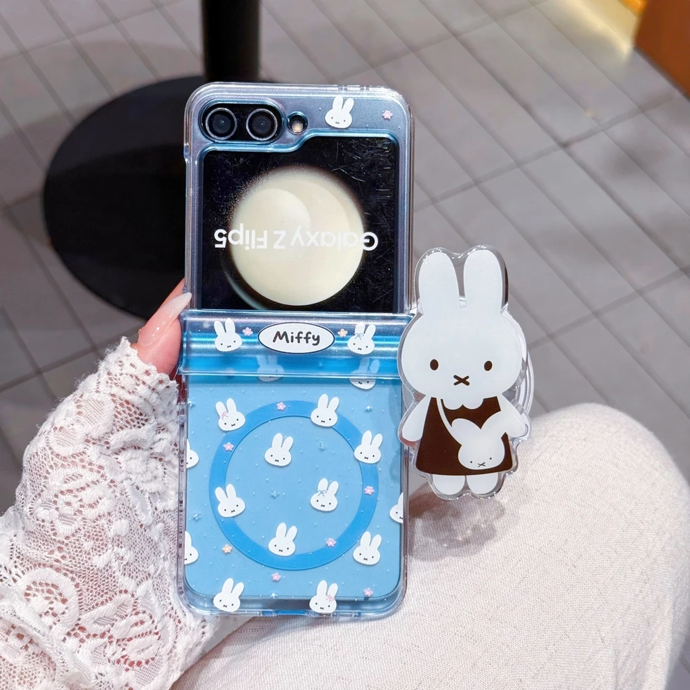Kawaii Cute Cartoon Miffy Rabbit Magnetic Holder Magsafe Wireless Charge Phone Case For Samsung Galaxy Z Flip 8 7 6 5 4 3 Cover