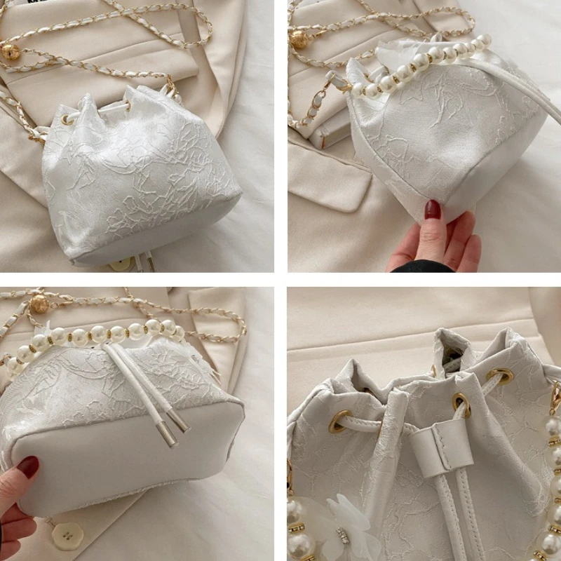 Sweet Butterfly Women Drawstring Bucket Shoulder Bags Versatile Ladies Crossbody Bag Clutch Fashion Girls Pearl Chain Handbags