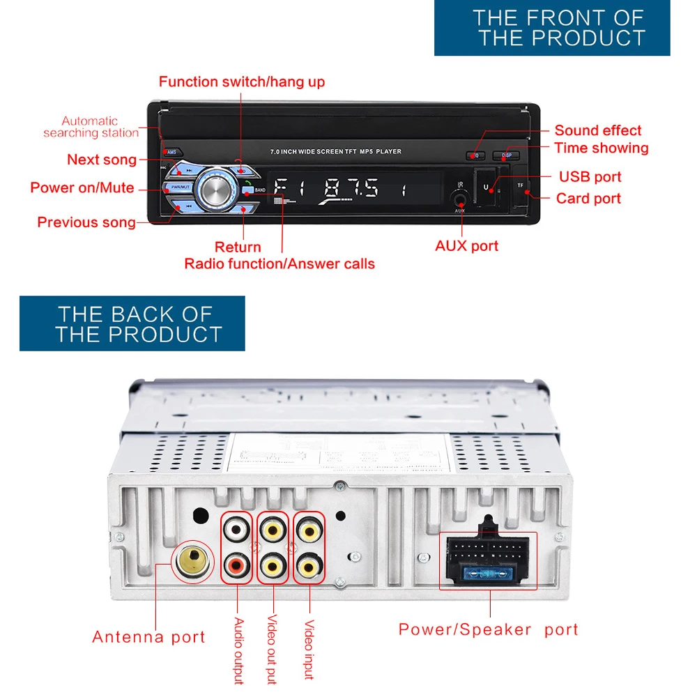 Podofo 1DIN 7-Zoll Autoradio mit ausfahrbarem Touchscreen, Bluetooth, Multimedia-Player, FM, USB, AUX, Audio – Detail 9