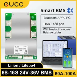 QUCC 60A 80A 100A 6S 8S 10S 16S Smart BMS automatyczne wyważanie 24V 36V 48V UART 485 Bluetooth Bms dla 3.2V Lifepo4 bateria litowo-jonowa 3.7V