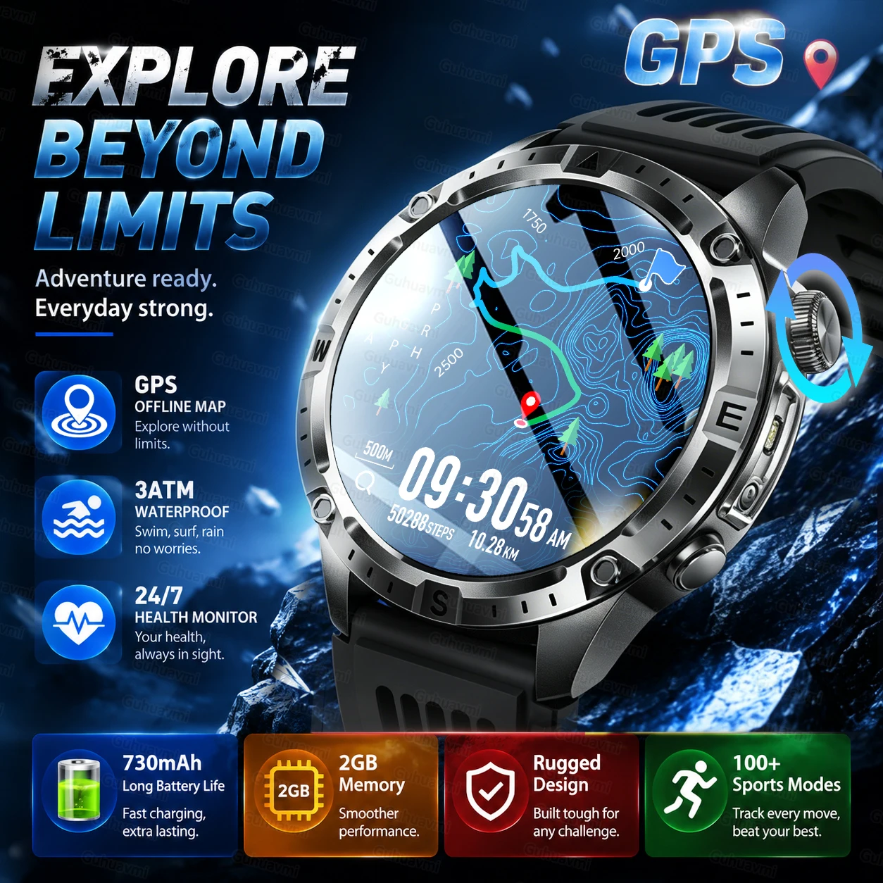 Neue militärisch kompatible Uhr mit GPS, Offline-Karte, wasserdicht bis 10 ATM, 2 GB RAM, Musik, Höhenmesser, Computerfunktion, Bluetooth-Anruffunktion, Fitness- und Sportfunktionen für Herren,