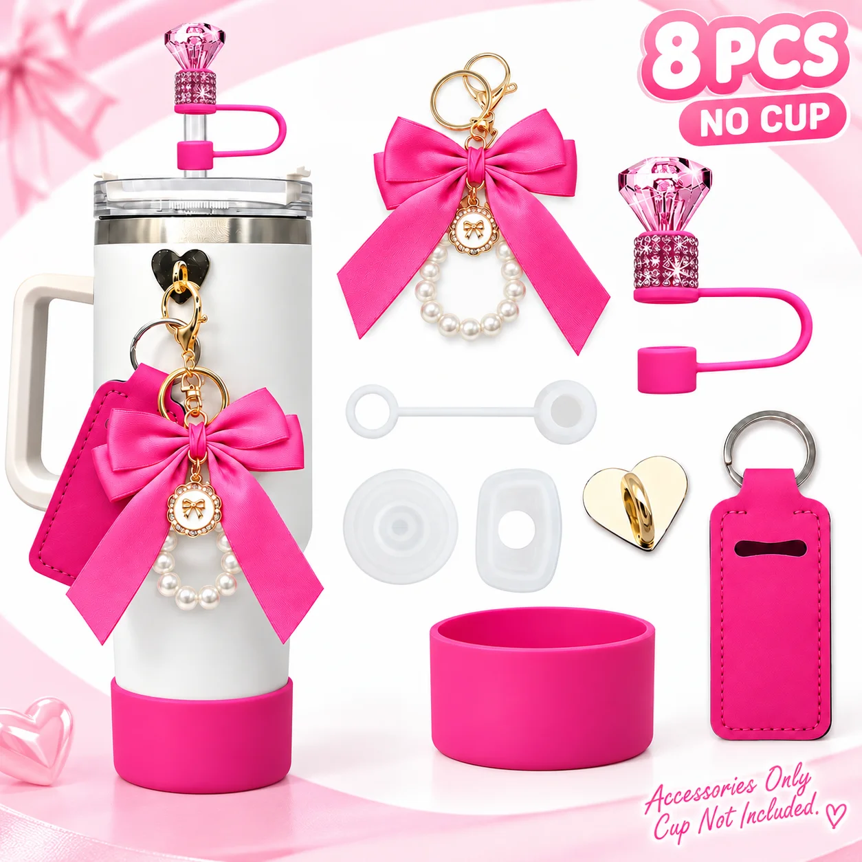 8pcs Cup Accessories Set for Stanley 30oz 40oz Tumbler ,Including 3pcs Spill Proof Stopper, Bow Chain Charm and Lipstick Holder