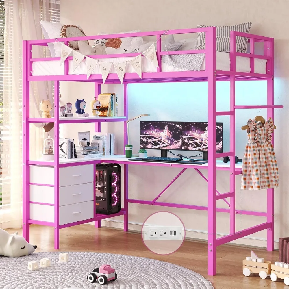 Pink Twin Loft Bed with L-Shaped Desk, LED Lights, Charging Station & Storage Shelves
