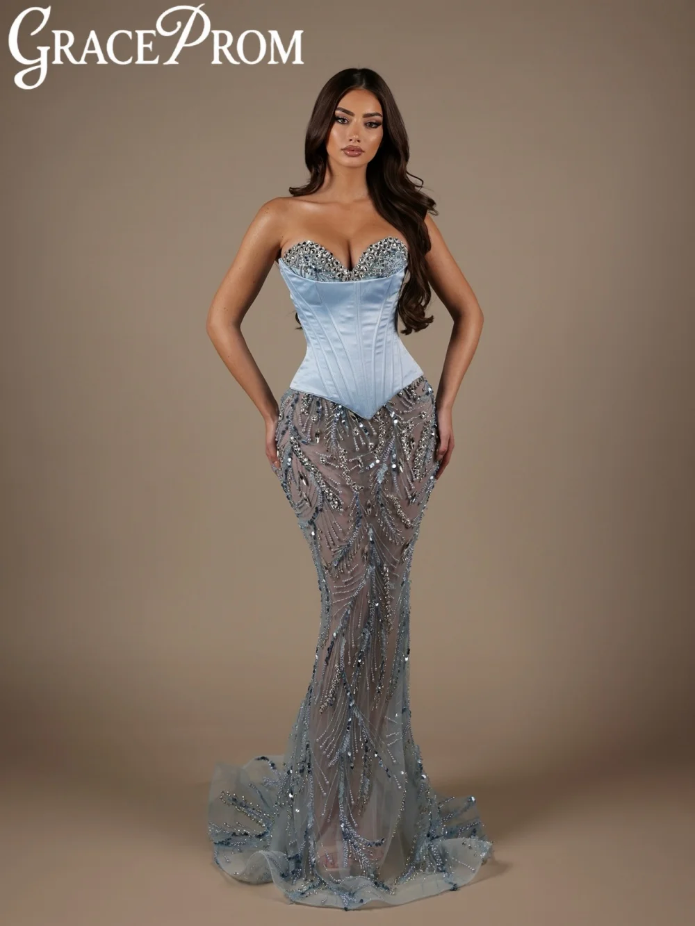 

Голубое вечернее платье с вышивкой и кристаллами, длинное свадебное платье с вырезом в форме сердца, великолепные банкетные платья с иллюзией по индивидуальному заказу