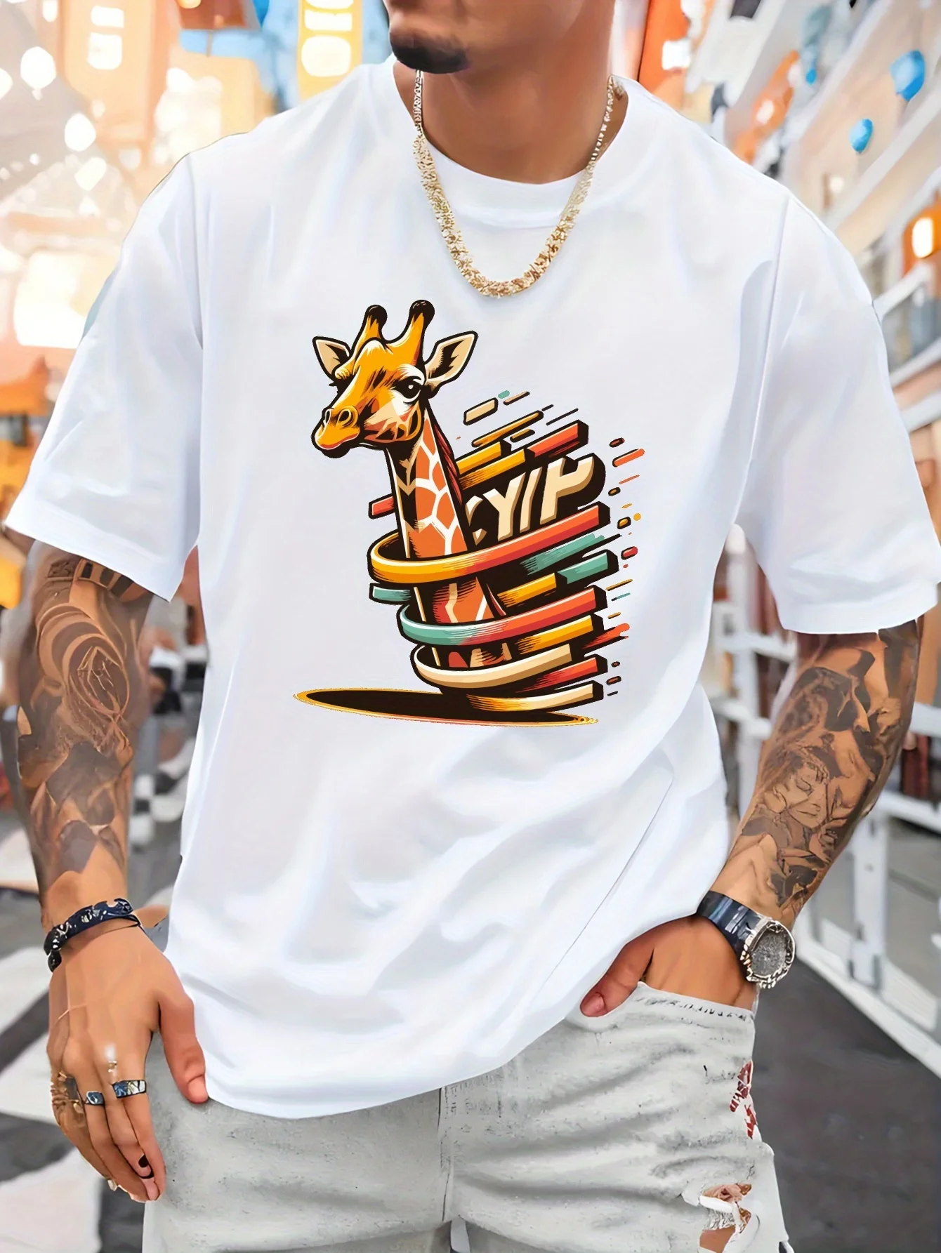 Wildlife Graphic T Shirt For Men Graffiti Style Giraffe Color Block Art Crew Neck Tee Retro Street Animal Print Casual Daily Top