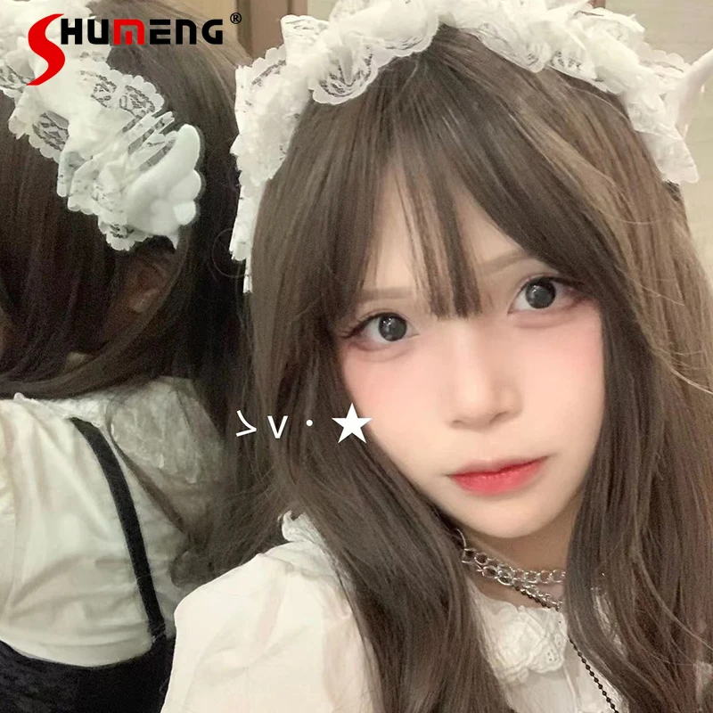 Fancy Japanese Clips Woman Punk Lolita Accessories 2023 Sweet White Angel Wings Cute Handmade Plush Angel Wings Lace Headband