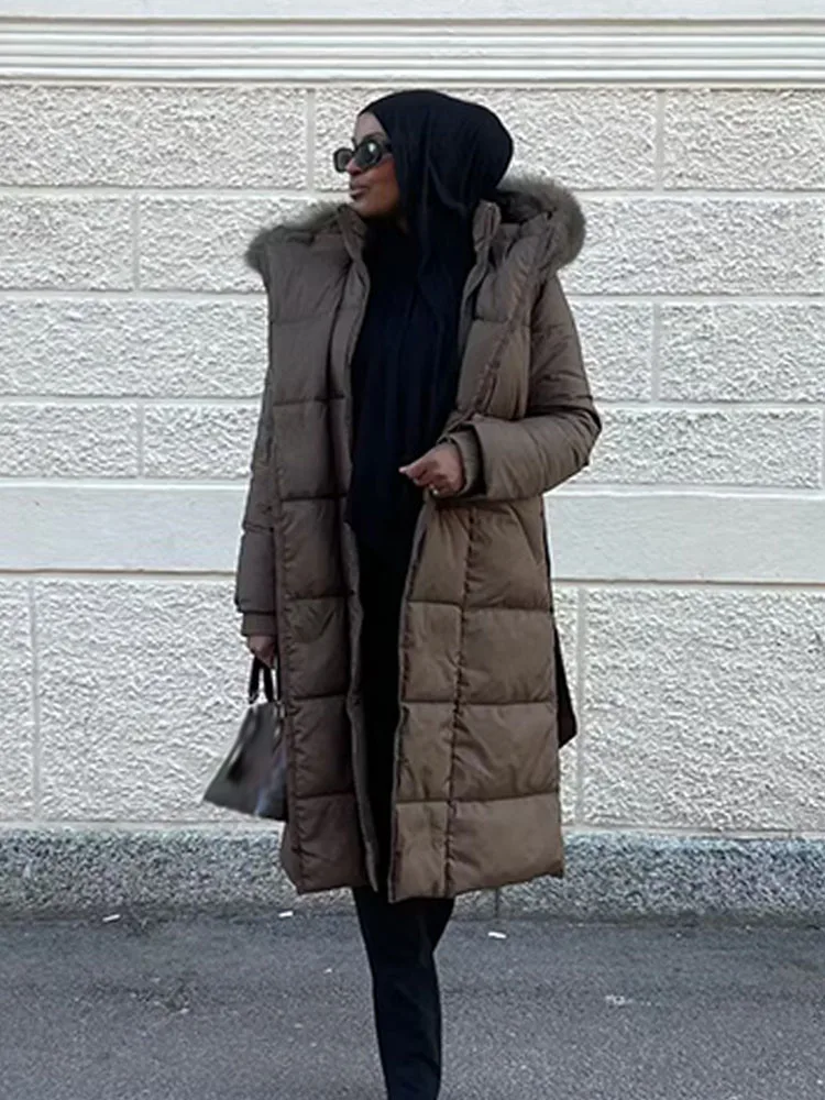 HH Women's Fashion Winter Jackets Solid Hooded High Collar Long Sleeves Lace-Up Decoration Pocket Zipper Female Casual Coats