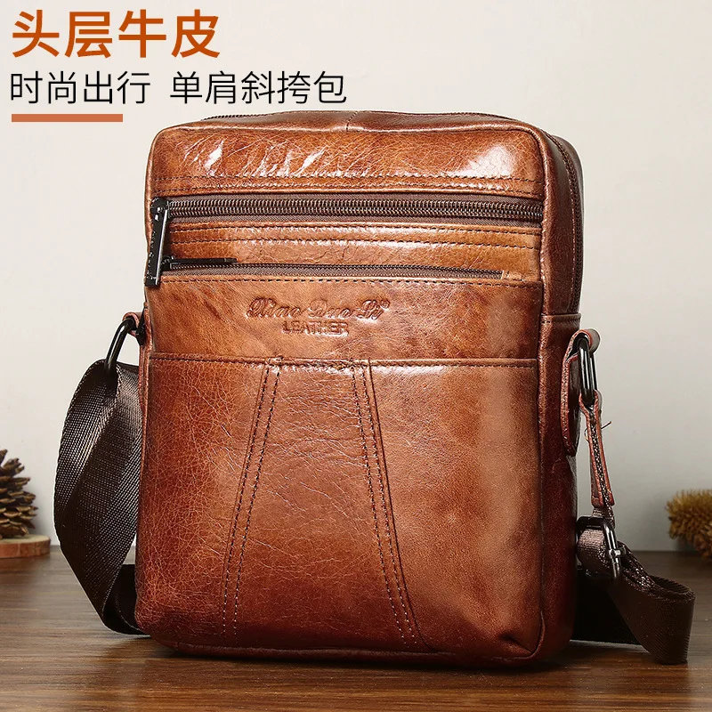 

Men's leather crossbody first layer cowhide shoulder bag 8 inch tablet small bag large capacity retro casual fashion simple vers