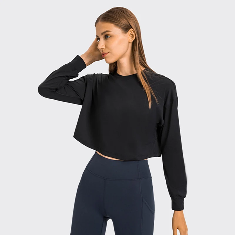 yoga long sleeve with brand logo sports fitness woman loose breathable shirt back with cut lines crop top tight cuffs hoodie