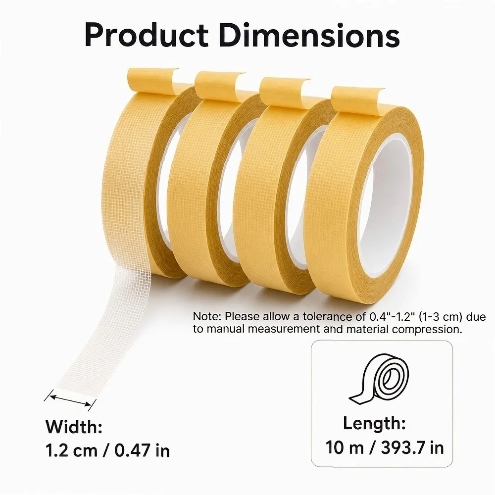 4 Rolls Double Sided Cloth Tape 1.2cm x 10m, Strong Fabric Carpet Tape, Tearable Hem Tape No Sew, Multipurpose Rug