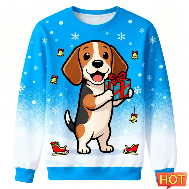 مضحك بيغل الرسم القبيح عيد الميلاد سترة الموضة العصرية لطيف الكلب ثلاثية الأبعاد مطبوعة عيد الميلاد بلوزات عادية المتضخم للجنسين البلوز #3