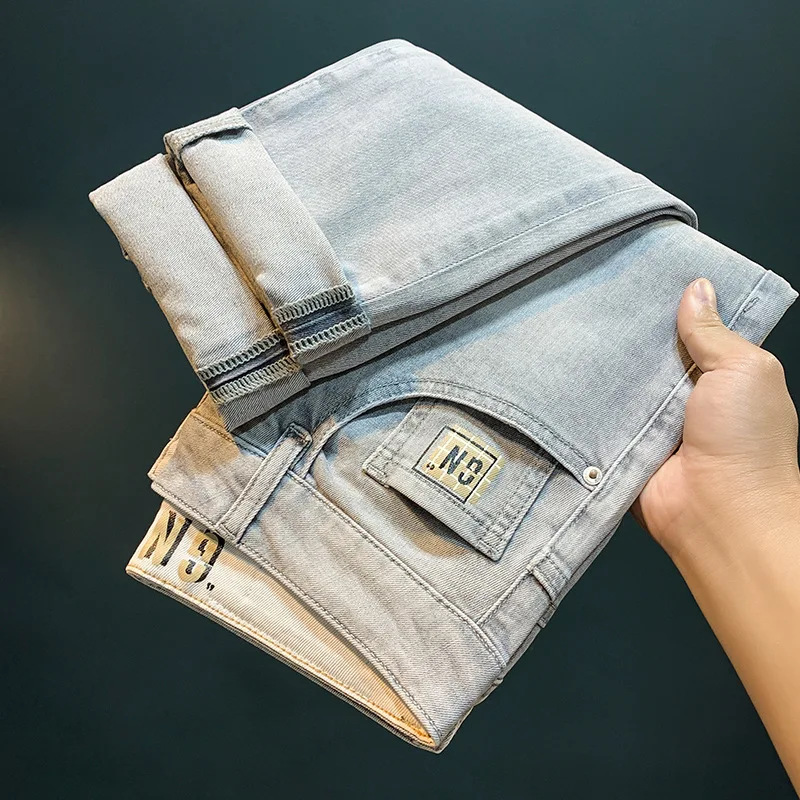 2024 NEW Summer Thin Men's Jeans 2024 New Smoky Gray Slim Fashion Korean Style Printed Mid Waist Casual Men's Trousers
