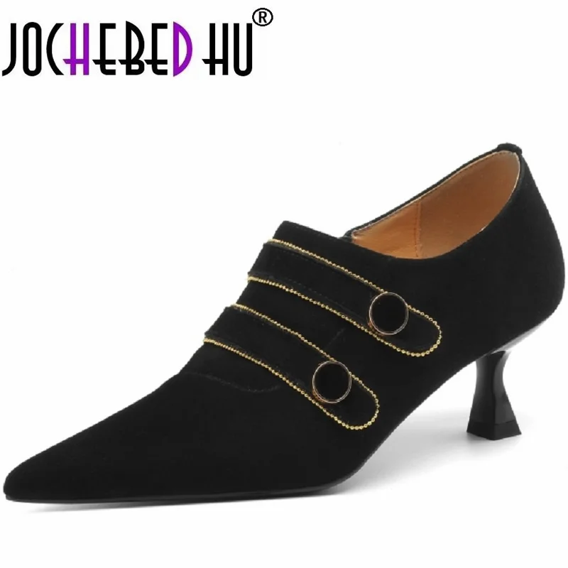 

【JOCHEBED HU】Women Brand Genuine Leather Shoes Pointed Toe Thin Heel Ladies Shoes Stiletto Leather Shoes 34-40