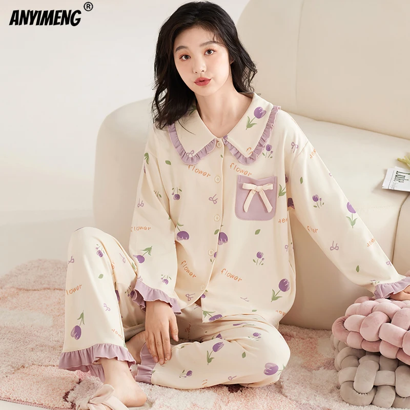 Autumn Winter Women Cotton Pajamas Lapel Cute Girl Sleepwear Princess Style Loungewear Lady Long Sleeve Bear Print Pijamas