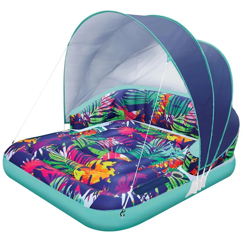

Inflatable Swimming Pool Sunshade Double Backrest Floating Bed, Detachable Mesh Lounge Chair with Cup Holder