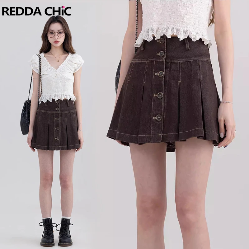 

REDDACHiC Cowgirl Brown Denim Mini Skirt Women Summer Plain Casual A-line Pleated Skirt High Rise Short Bottoms Vintage Clothes