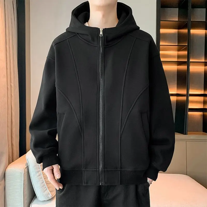 2026 Trendy American Heavyweight New Loose Spring Fall Winter Zip-Up Hoodie Men Color Block Cardigan Sweatshirt