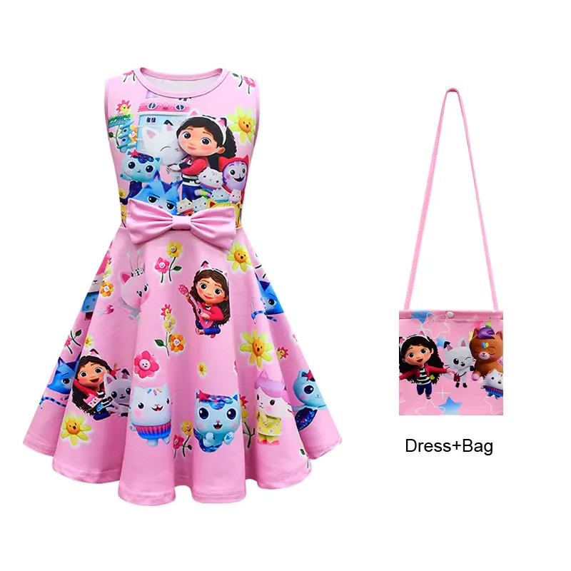 Summer Gabbys Dollhouse Dress For Teen Girl Costume Gabby Doll House Kid Up Print Bow Party Princess Frock Children Tunic