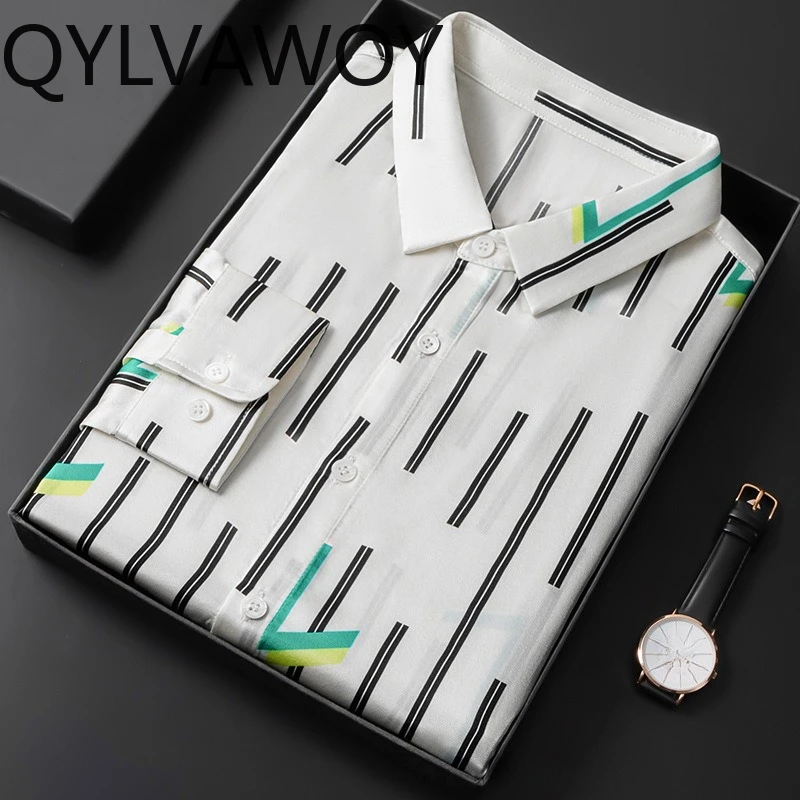 QYLVAWOY 92.4% Mulberry Silk Long Sleeve Shirt Man Summer Tops Men's Shirts Printed Shirts for Man High-end Menswear Clothing