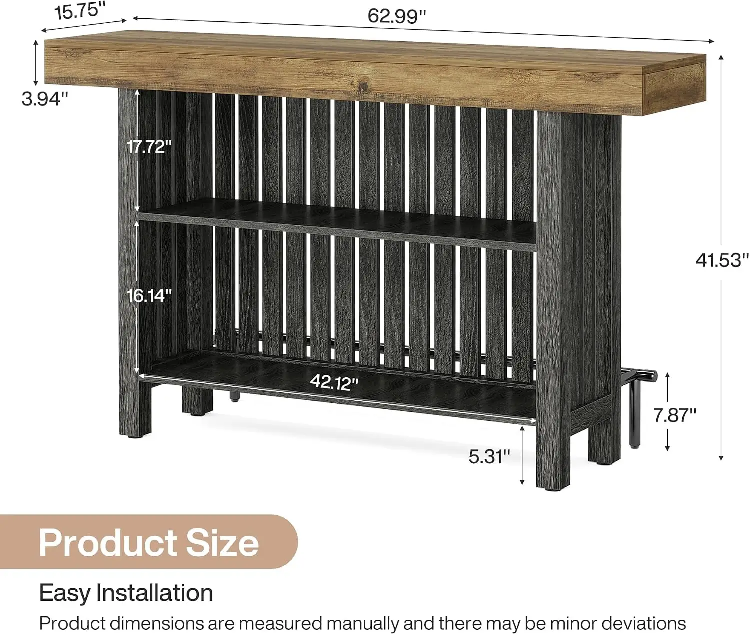 Pub Bar Table, 2-Tier Counter Height Dining Table, Kitchen Coffee Bar Cabinet, Heavy Duty Tall Bistro Console Table With Storage Shelf And Footrest For Living Room, Rustic Brown, 1 Piece