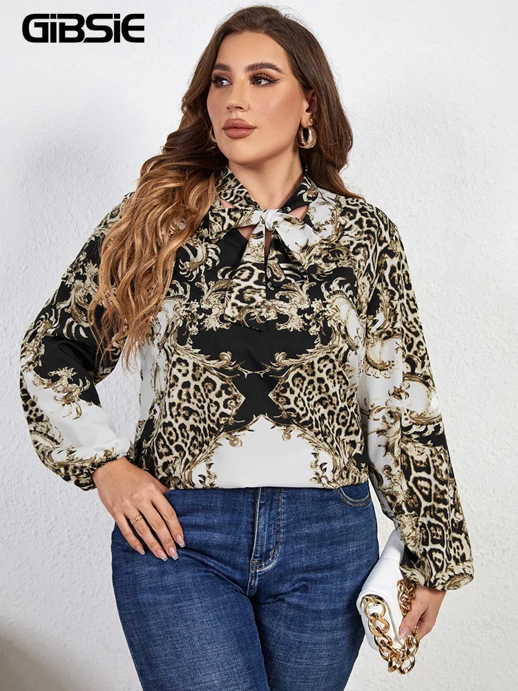 Gibsie Plus Size Vlinderdas Hals Casual Print Blouse Vrouwen Lente Herfst High Street Lantaarn Lange Mouw Mode Tops En Blouses