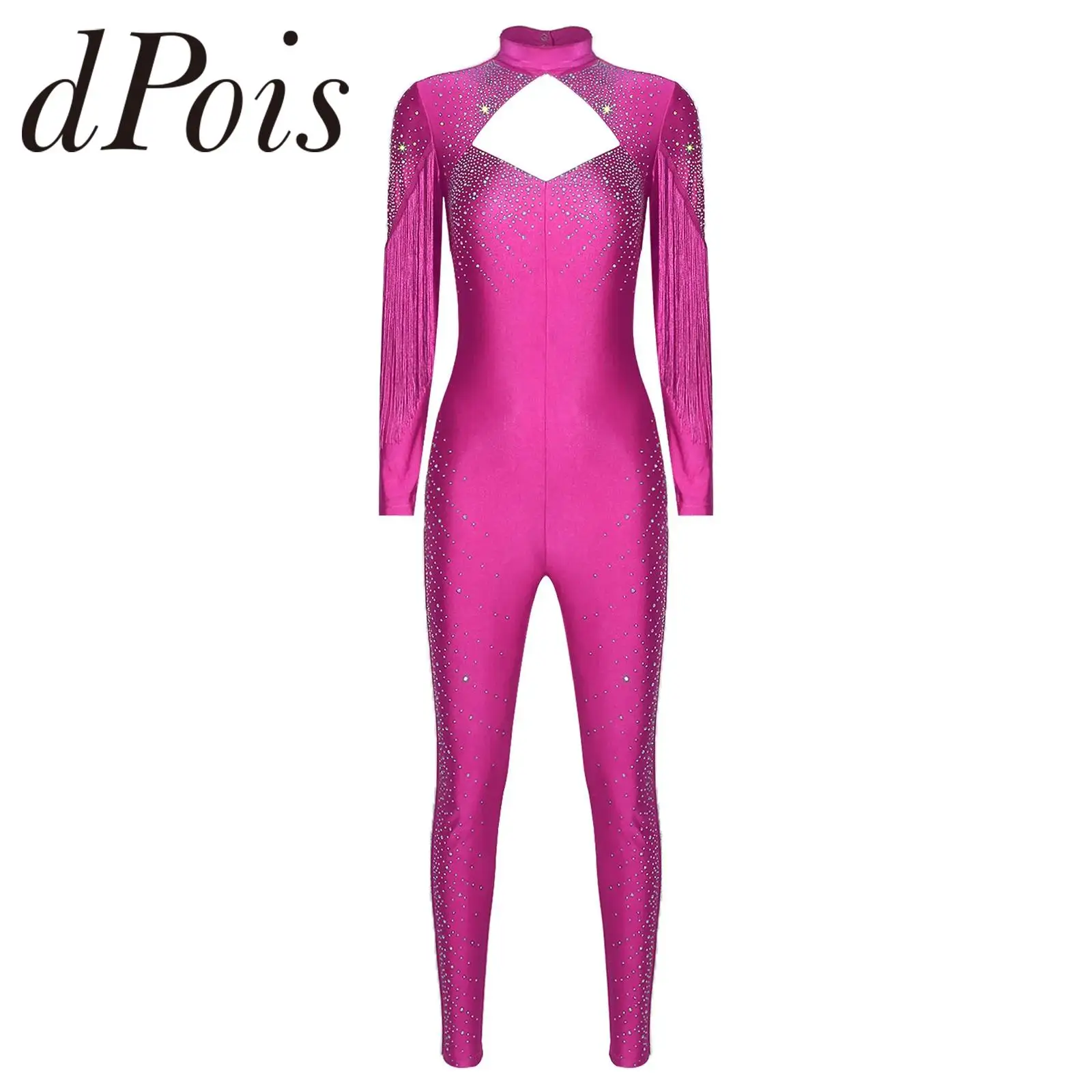 Women Figure Skating Leotard Rhinestone Dancing Jumpsuit Long Sleeve with Tassel Front One-piece Rompers Gymnastics Bodysuit