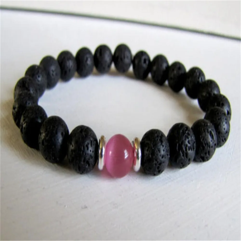 8mm Volcanic Pink Opal Stretch mala Bracelet 7.5 Inches Artisan Handmade Karma Link Bangle Jewelry Lovers Eco-Friendly Women Men