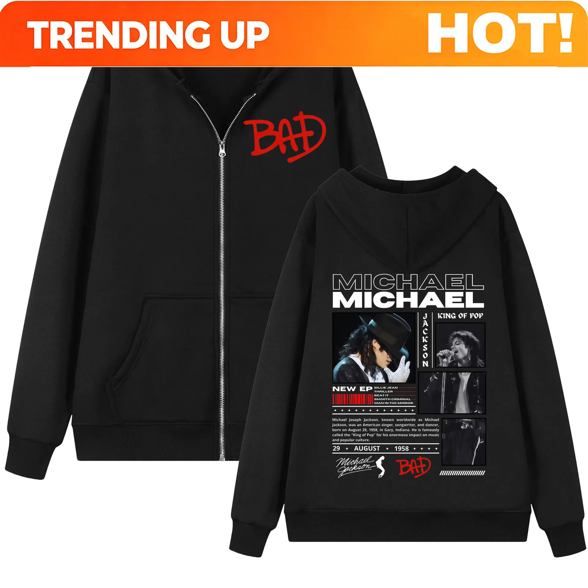 Custom 90's Michael Jackson Classics Zipper Hoodies Men Women Fashion Rock Zip Up Jacket Pullovers Casual Loose