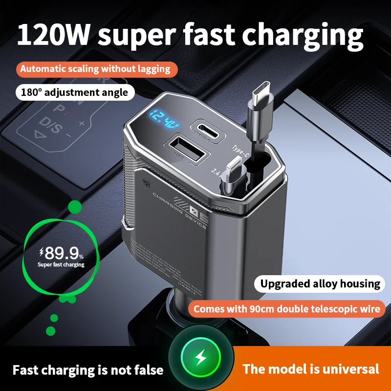

4 in 1 120W PD 33W Car Charger Retractable Car Cigarette Lighter Adapter Alloy Case Lighting Type C 90cm Charger Cable for Phone