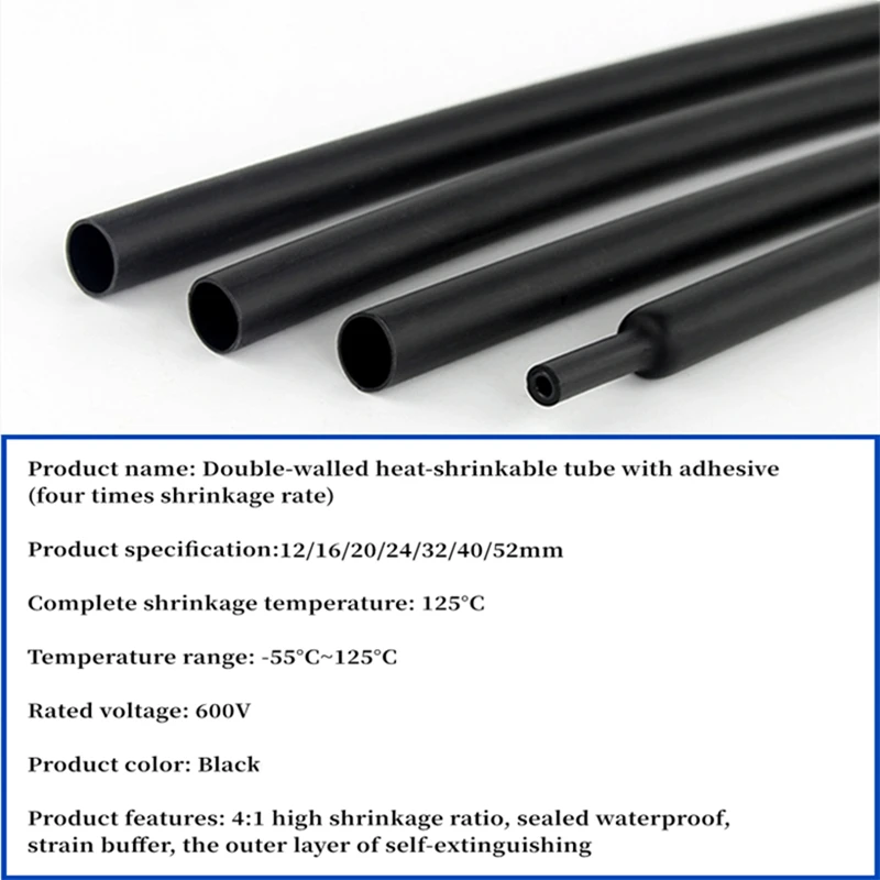Black 4:1 Heat Shrink Tube With Glue Thermoretractile Heat Shrinkable Tubing Diameter 12/16/20/24/32/40/40/52mm