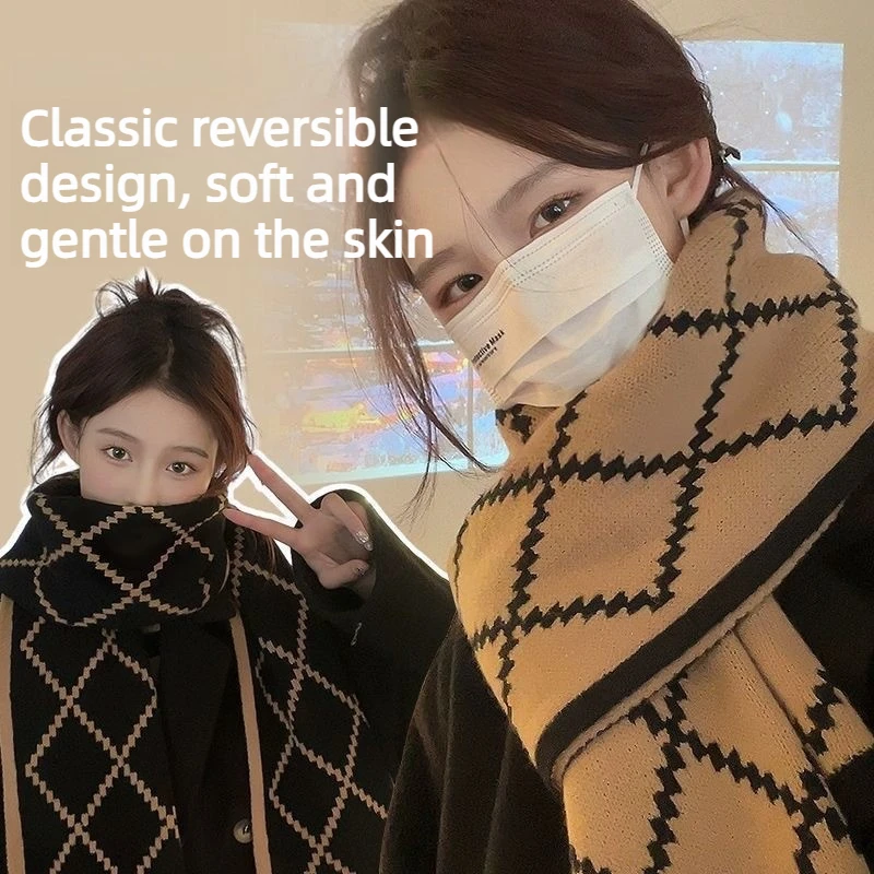 

Winter Women Men Scarf Double-Sided Woolen Knitted Plaid Scarf Soft Warm Couple Scarves Outdoor Windproof Neckerchief