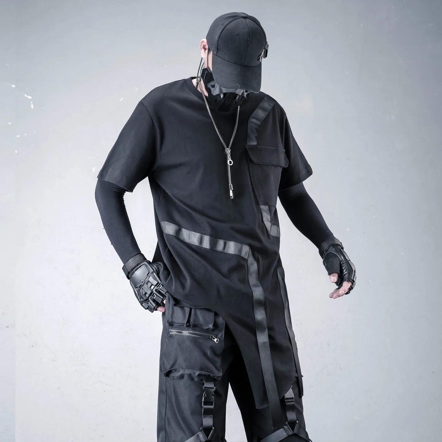 Dark Designer Irregular Deconstruction Ribbon Matching Short-Sleeved T-shirt Men's Summer Trendy Loose Mid-Length Top