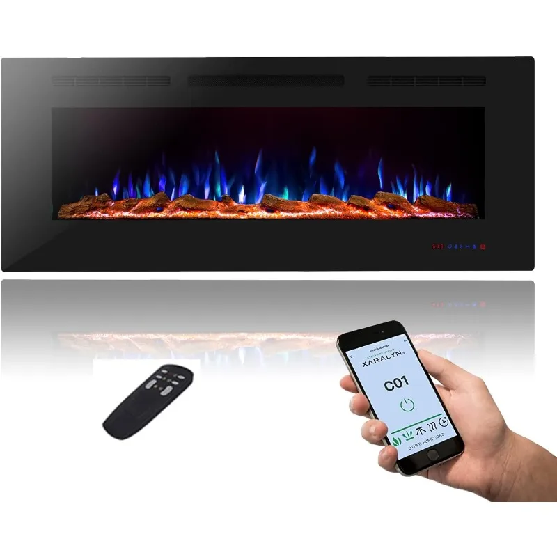 54 Inch WiFi Smart Electric Fireplace, Recessed Wall Mount Fireplace Heater with 13 Flame 3 Top Light,Remote Control Fireplace