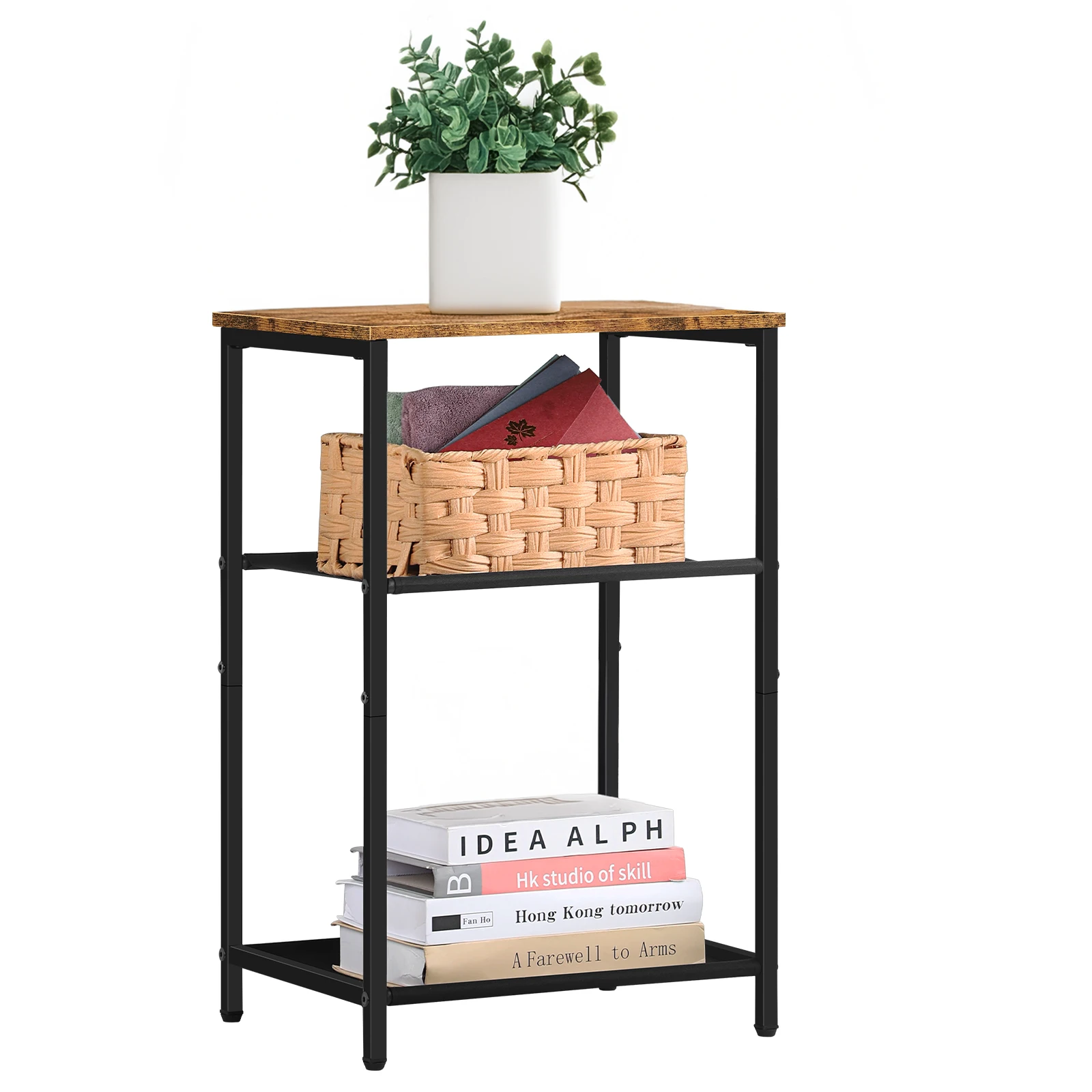 3-Tier Narrow Metal Brown End Table w/Storage | Bedroom/Living Room Side Table
